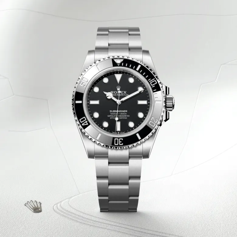 Rolex Submariner Oyster, 41 mm, Oystersteel jeklo, Enosmerno vrtljiv in na praske odporen Cerachrom črn keramični vložek s 60-minutnim zapisom, številke in oznake prevlečene s platino m124060-0001 pri Malalanu.webp