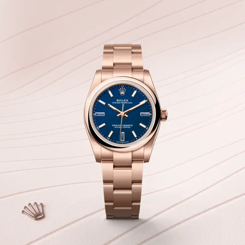 Rolex Oyster Perpetual 34 Oyster, 34 mm, Everose gold, Domed m124205-0002 at Malalan.webp