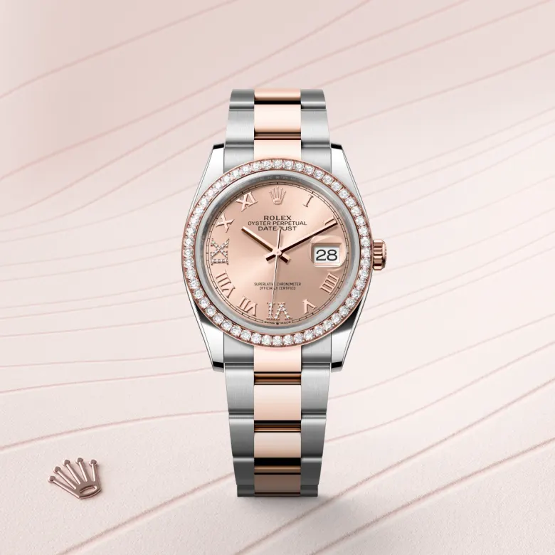 Rolex Datejust 36 Oyster, 36 mm, Oystersteel jeklo, Everose zlato in diamanti, Z vdelanimi diamanti m126281rbr-0016 pri Malalanu.webp