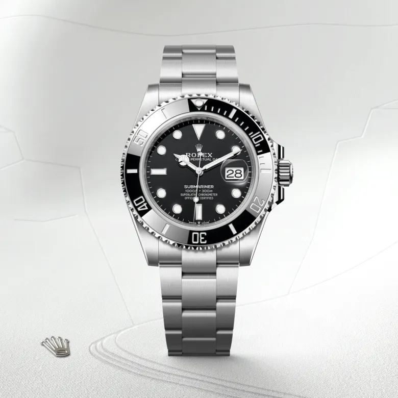 Rolex Submariner Date Oyster, 41 mm, Oystersteel jeklo, Enosmerno vrtljiv in na praske odporen Cerachrom črn keramični vložek s 60-minutnim zapisom, številke in oznake prevlečene s platino m126610ln-0001 pri Malalanu.webp
