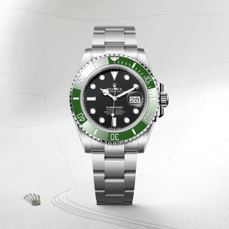 Rolex Submariner Date Oyster, 41 mm, Oystersteel jeklo, Enosmerno vrtljiv in na praske odporen Cerachrom zelen keramični vložek s 60-minutnim zapisom, številke in oznake prevlečene s platino m126610lv-0002 pri Malalanu.webp