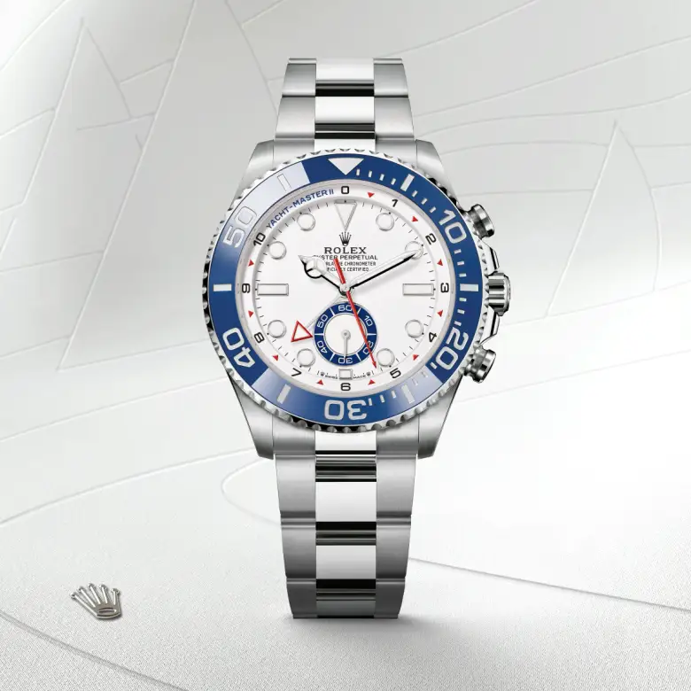 Rolex Yacht-Master II Oyster, 44 mm, Oystersteel, Bidirectional rotatable 60-minute graduated bezel with blue Cerachrom insert in ceramic. Moulded, recessed graduations and numerals coated with platinum m126680-0001 at Malalan.webp