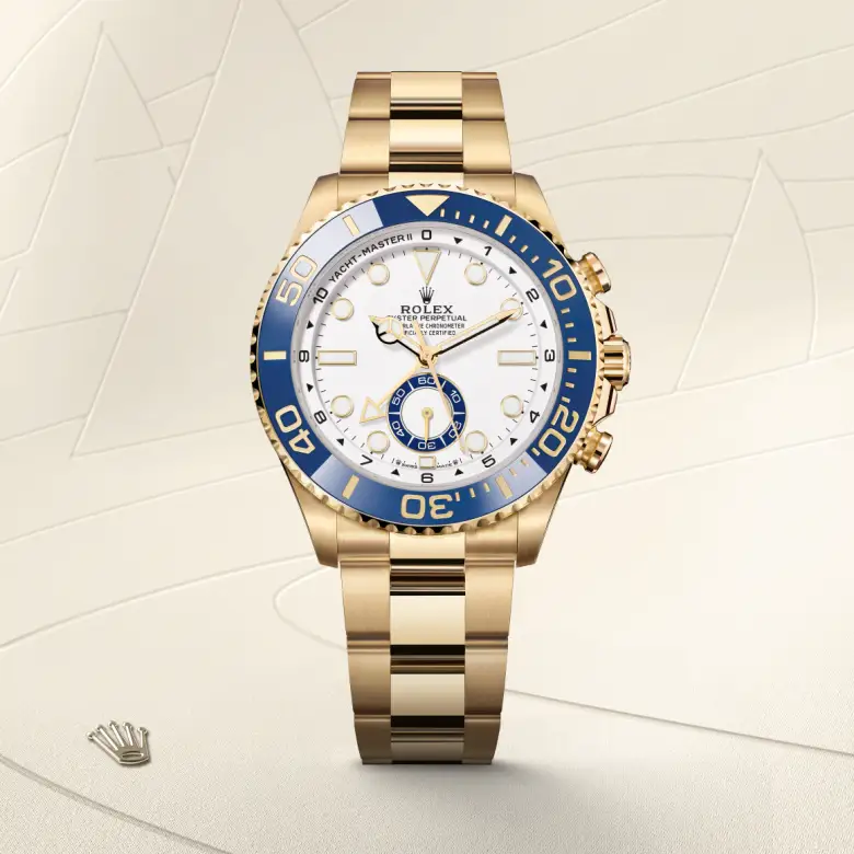 Rolex Yacht-Master II Oyster, 44 mm, yellow gold, Bidirectional rotatable 60-minute graduated bezel with blue Cerachrom insert in ceramic. Moulded, recessed graduations and numerals coated with gold m126688-0001 at Malalan.webp