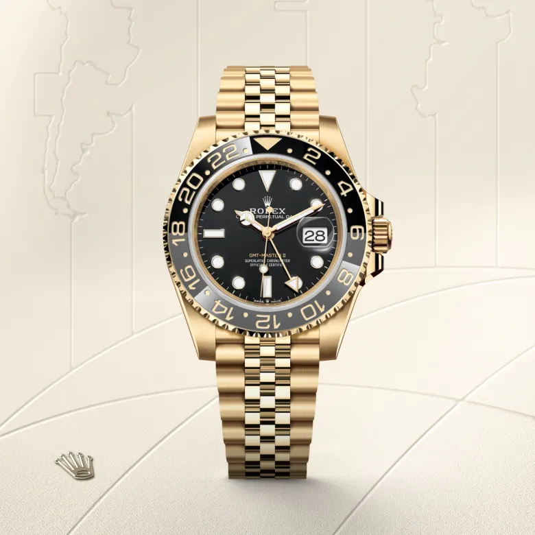Rolex GMT-Master II Oyster, 40 mm, yellow gold, Bidirectional rotatable 24-hour graduated bezel. Two-colour grey and black Cerachrom insert in ceramic, moulded numerals and graduations m126718grnr-0001 at Malalan.webp