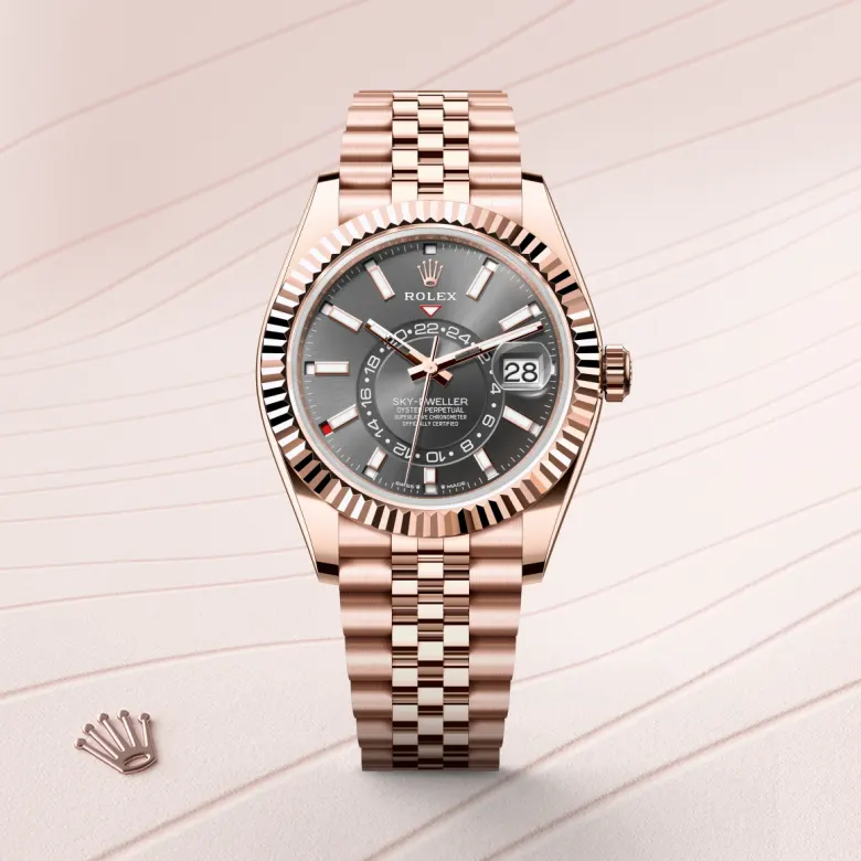 Rolex Sky-Dweller Oyster, 42 mm, Everose gold, Fluted, bidirectional rotatable Rolex Ring Command m336935-0008 at Malalan.webp