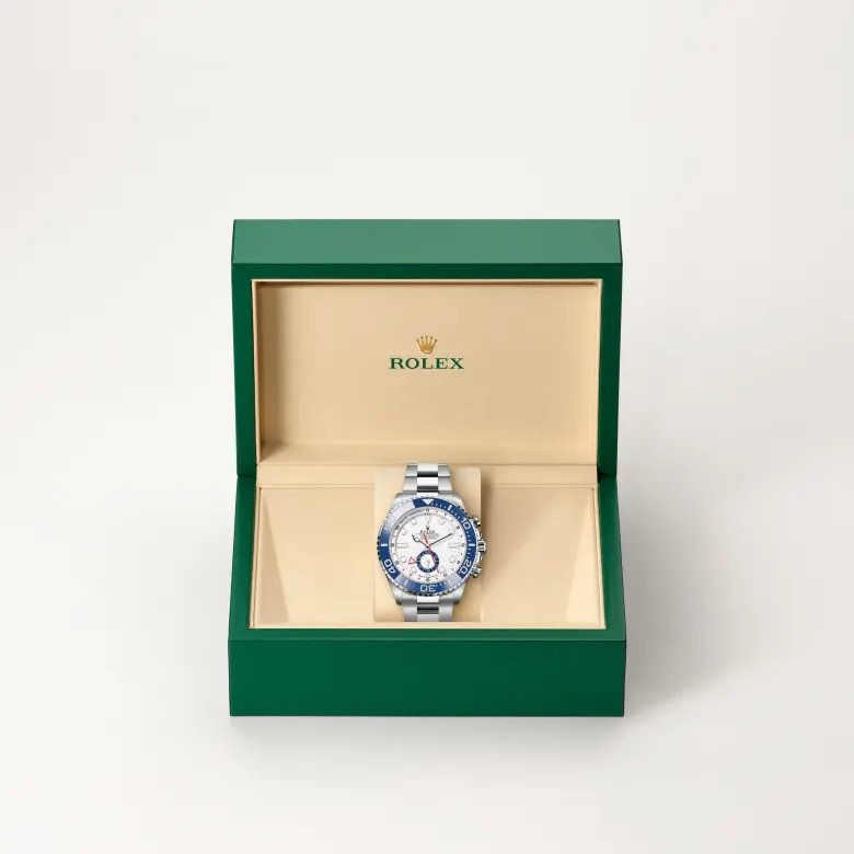 Rolex Yacht-Master II Oyster, 44 mm, Oystersteel, Bidirectional rotatable 60-minute graduated bezel with blue Cerachrom insert in ceramic. Moulded, recessed graduations and numerals coated with platinum m126680-0001 at Malalan.webp