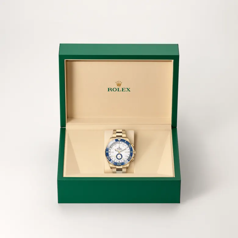 Rolex Yacht-Master II Oyster, 44 mm, yellow gold, Bidirectional rotatable 60-minute graduated bezel with blue Cerachrom insert in ceramic. Moulded, recessed graduations and numerals coated with gold m126688-0001 at Malalan.webp