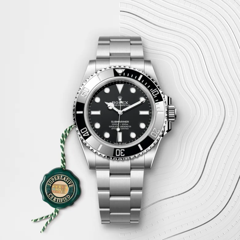 Rolex Submariner Oyster, 41 mm, Oystersteel jeklo, Enosmerno vrtljiv in na praske odporen Cerachrom črn keramični vložek s 60-minutnim zapisom, številke in oznake prevlečene s platino m124060-0001 pri Malalanu.webp