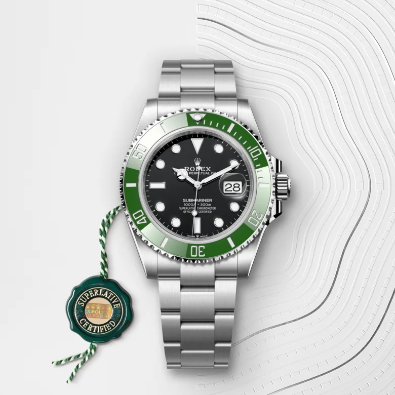 Rolex Submariner Date Oyster, 41 mm, Oystersteel jeklo, Enosmerno vrtljiv in na praske odporen Cerachrom zelen keramični vložek s 60-minutnim zapisom, številke in oznake prevlečene s platino m126610lv-0002 pri Malalanu.webp