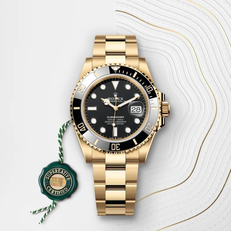 Rolex Submariner Date Oyster, 41 mm, yellow gold, Unidirectional rotatable 60-minute graduated, scratch-resistant Cerachrom insert in black ceramic, numerals and graduations coated in gold m126618ln-0002 at Malalan.webp