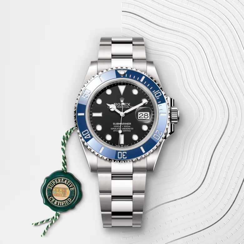 Rolex Submariner Date Oyster, 41 mm, belo zlato, Enosmerno vrtljiv in na praske odporen Cerachrom moder keramični vložek s 60-minutnim zapisom, številke in oznake prevlečene s platino m126619lb-0003 pri Malalanu.webp