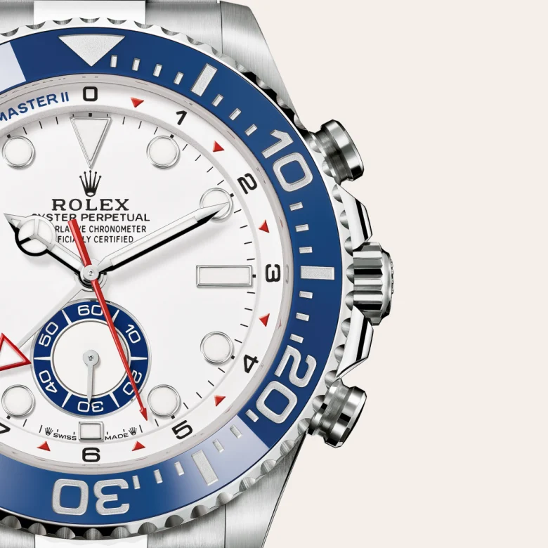 Rolex Yacht-Master II Oyster, 44 mm, Oystersteel, Bidirectional rotatable 60-minute graduated bezel with blue Cerachrom insert in ceramic. Moulded, recessed graduations and numerals coated with platinum m126680-0001 at Malalan.webp