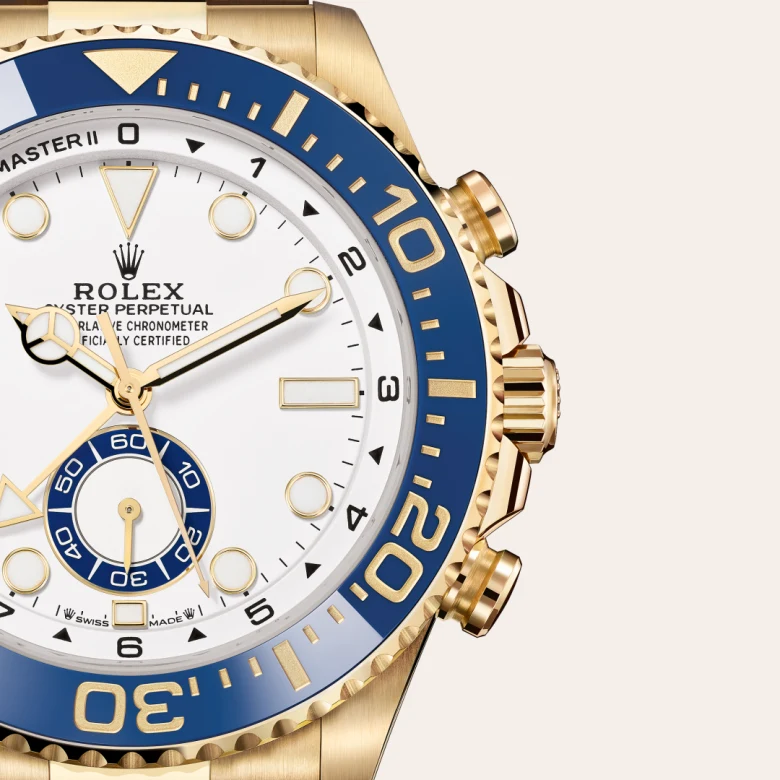 Rolex Yacht-Master II Oyster, 44 mm, yellow gold, Bidirectional rotatable 60-minute graduated bezel with blue Cerachrom insert in ceramic. Moulded, recessed graduations and numerals coated with gold m126688-0001 at Malalan.webp