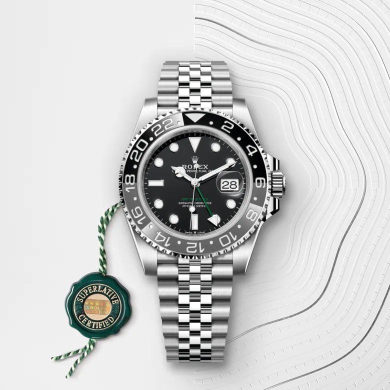 Rolex GMT-Master II Oyster, 40 mm, Oyster čelik, Dvosmjerni, rotirajući 24-satni prsten s gradacijom. Dvobojni sivi i crni umetak Cerachrom u keramici, s utisnutim brojkama i gradacijom m126710grnr-0003 at Malalan.webp