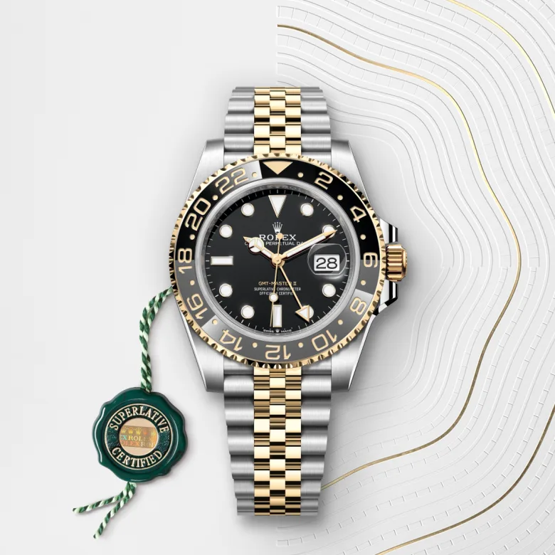 Rolex GMT-Master II Oyster, 40 mm, Oystersteel jeklo in rumeno zlato, Dvosmerno vrtljiva luneta s 24-urnim zapisom. Dvobarvni siv in črn vložek Cerachrom iz keramike, oblikovane številke in oznake m126713grnr-0001 pri Malalanu.webp