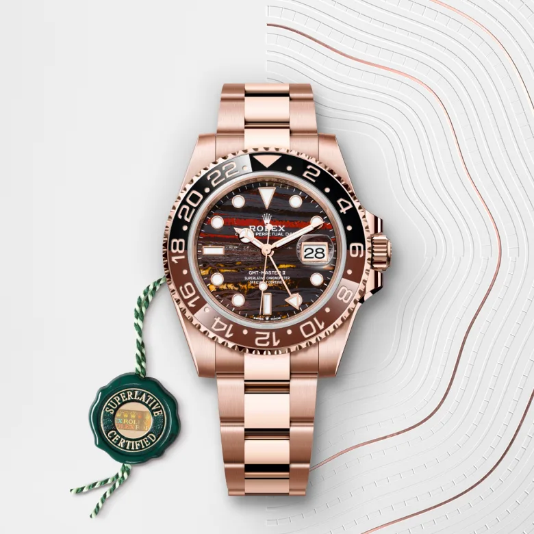 Rolex GMT-Master II Oyster, 40 mm, Everose gold, Bidirectional rotatable 24-hour graduated bezel. Two-colour brown and black Cerachrom insert in ceramic, moulded numerals and graduations m126715chnr-0002 at Malalan.webp