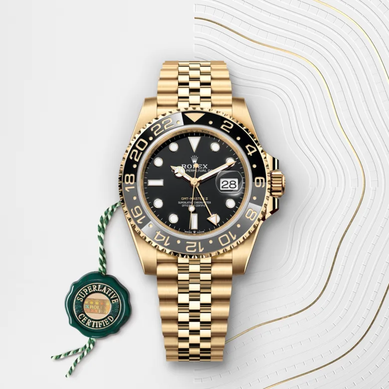 Rolex GMT-Master II Oyster, 40 mm, yellow gold, Bidirectional rotatable 24-hour graduated bezel. Two-colour grey and black Cerachrom insert in ceramic, moulded numerals and graduations m126718grnr-0001 at Malalan.webp