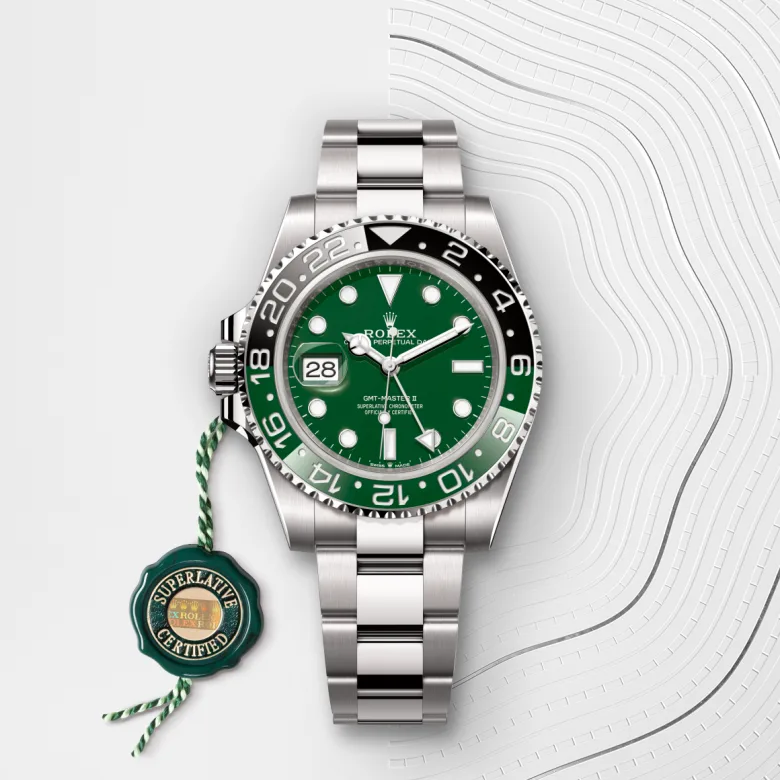 Rolex GMT-Master II Oyster, 40 mm, white gold, Bidirectional rotatable 24-hour graduated bezel. Two-colour green and black Cerachrom insert in ceramic, moulded numerals and graduations m126729vtnr-0001 at Malalan.webp