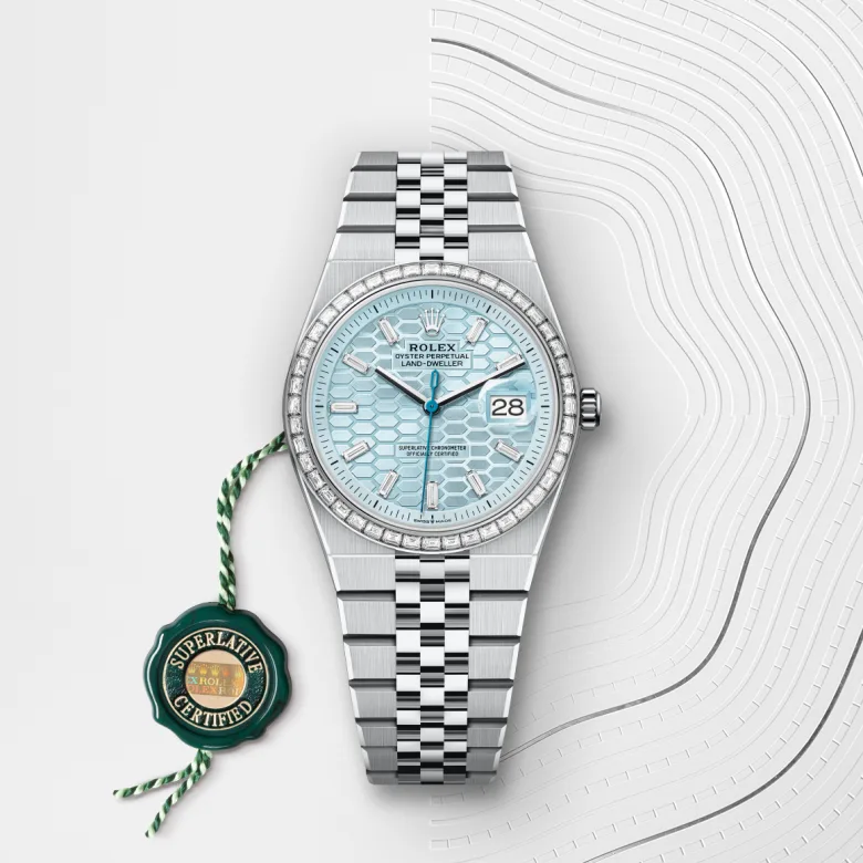 Rolex Land-Dweller 36 Oyster, 36 mm, platina in diamanti, Z vdelanimi diamanti m127286tbr-0001 pri Malalanu.webp