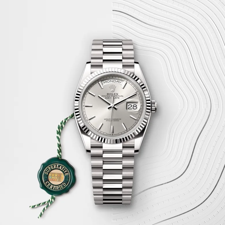 Rolex Day-Date 36 Oyster, 36 mm, belo zlato, Nazobčano m128239-0005 pri Malalanu.webp