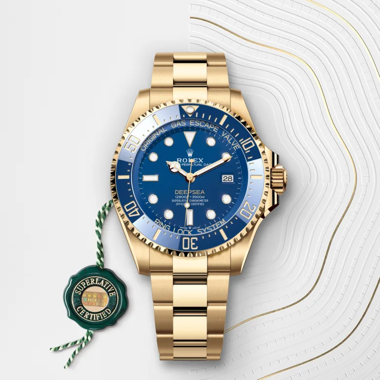 Rolex Rolex Deepsea Oyster, 44 mm, yellow gold, Unidirectional rotatable 60-minute graduated, scratch-resistant Cerachrom insert in blue ceramic, numerals and graduations coated in gold m136668lb-0001 at Malalan.webp