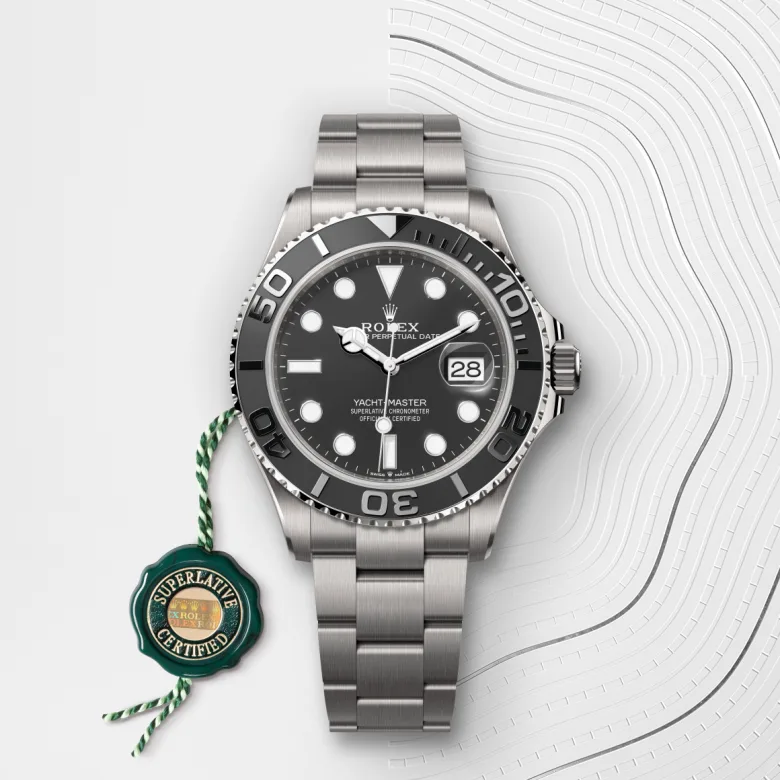 Rolex Yacht-Master 42 Oyster, 42 mm, RLX titanium, Bidirectional rotatable 60-minute graduated bezel with matt black Cerachrom insert in ceramic, polished raised numerals and graduations m226627-0001 at Malalan.webp