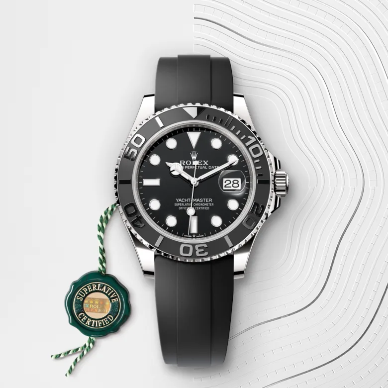 Rolex Yacht-Master 42 Oyster, 42 mm, bijelo zlato, Dvosmjerni, rotirajući prsten s 60- minutnom gradacijom, s mat crnim umetkom Cerachrom u keramici, s poliranim izdignutim brojevima i gradacijom m226659-0002 at Malalan.webp