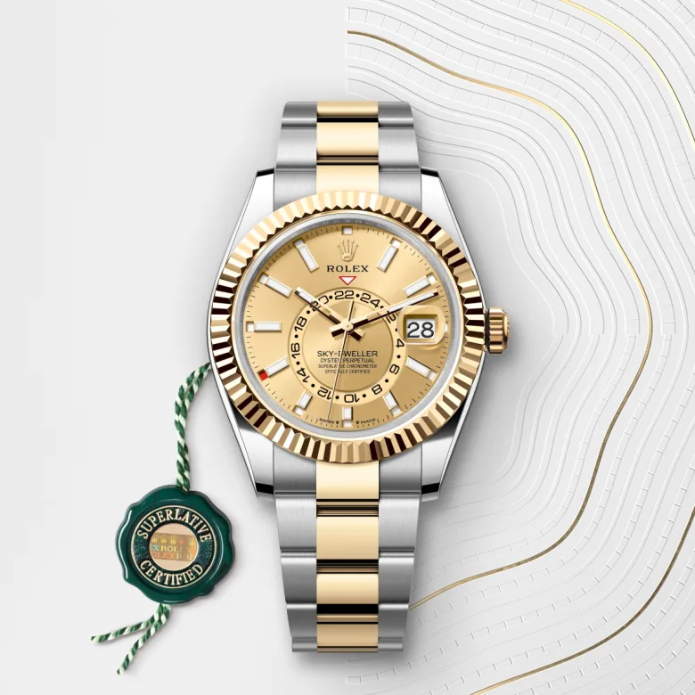 Rolex Sky-Dweller Oyster, 42 mm, Oystersteel jeklo in rumeno zlato, Nazobčan, dvosmerno vrtljiv Rolex Ring Command m336933-0001 pri Malalanu.webp