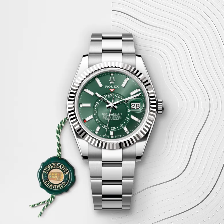 Rolex Sky-Dweller Oyster, 42 mm, Oystersteel jeklo in belo zlato, Nazobčan, dvosmerno vrtljiv Rolex Ring Command m336934-0001 pri Malalanu.webp