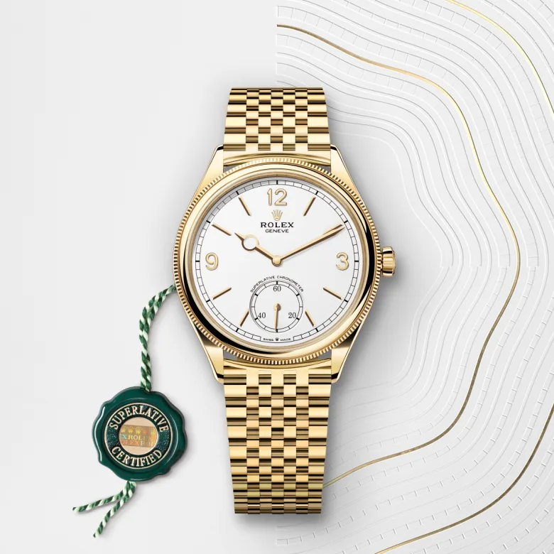Rolex 1908 39 mm, 18-kt rumeno zlato, polirana obdelava, Zaobljeno in nazobčano m52508-0008 pri Malalanu.webp