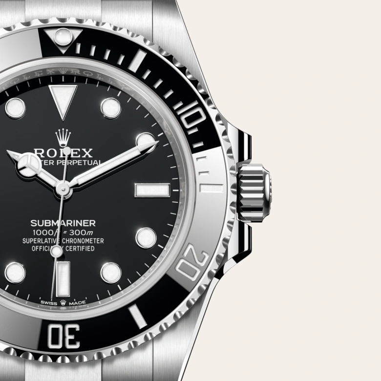 Rolex Submariner Oyster, 41 mm, Oystersteel jeklo, Enosmerno vrtljiv in na praske odporen Cerachrom črn keramični vložek s 60-minutnim zapisom, številke in oznake prevlečene s platino m124060-0001 pri Malalanu.webp