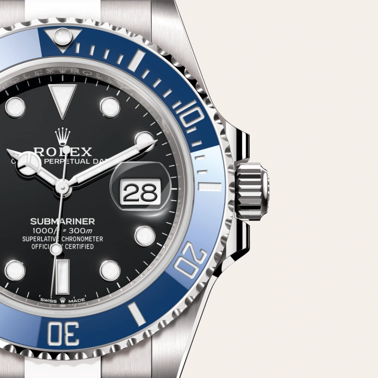 Rolex Submariner Date Oyster, 41 mm, belo zlato, Enosmerno vrtljiv in na praske odporen Cerachrom moder keramični vložek s 60-minutnim zapisom, številke in oznake prevlečene s platino m126619lb-0003 pri Malalanu.webp