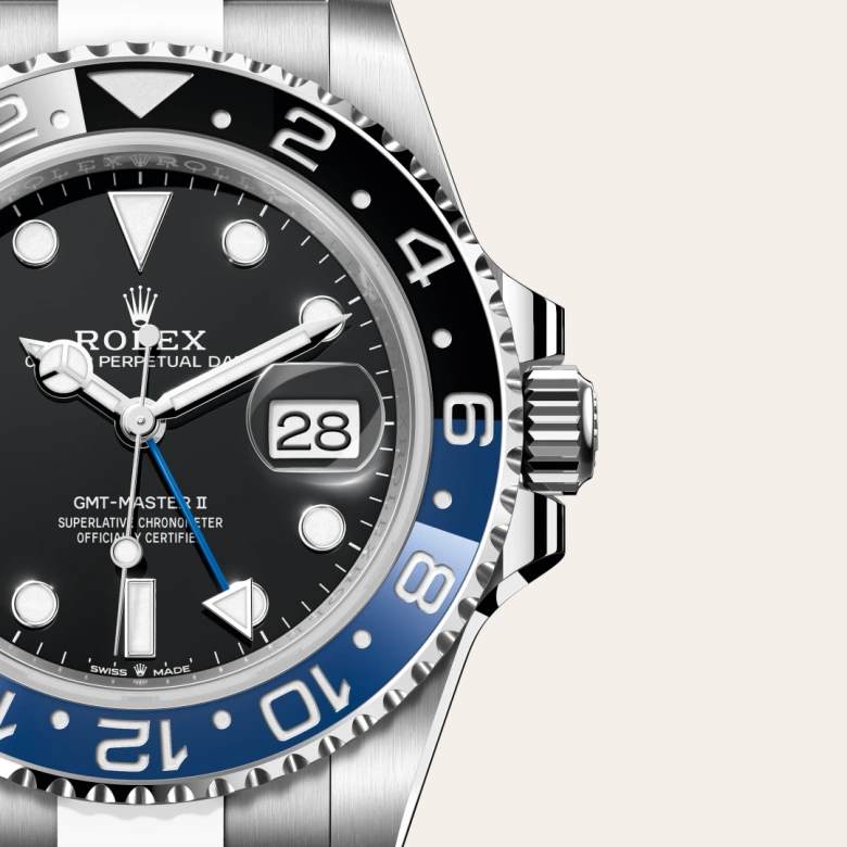 Rolex GMT-Master II Oyster, 40 mm, Oystersteel jeklo, Dvosmerno vrtljiva luneta s 24-urnim zapisom Dvobarvni moder in črn vložek Cerachrom iz keramike, oblikovane številke in gradacije m126710blnr-0003 pri Malalanu.webp