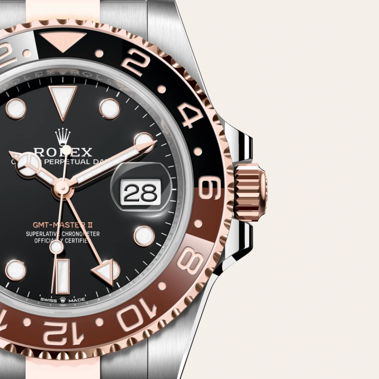 Rolex GMT-Master II Oyster, 40 mm, Oystersteel jeklo in Everose zlato, Dvosmerno vrtljiva luneta s 24-urnim zapisom. Dvobarvni rjav in črn vložek Cerachrom iz keramike, oblikovane številke in gradacije m126711chnr-0002 pri Malalanu.webp