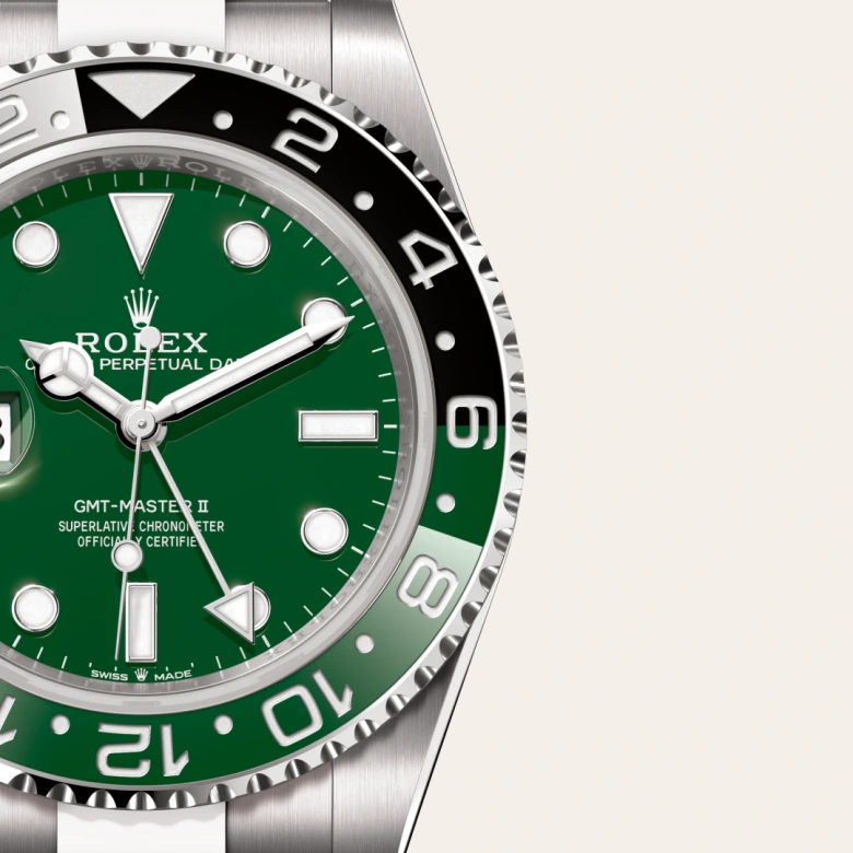 Rolex GMT-Master II Oyster, 40 mm, white gold, Bidirectional rotatable 24-hour graduated bezel. Two-colour green and black Cerachrom insert in ceramic, moulded numerals and graduations m126729vtnr-0001 at Malalan.webp