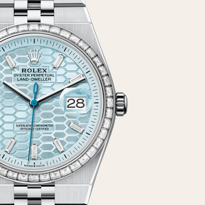 Rolex Land-Dweller 36 Oyster, 36 mm, platina in diamanti, Z vdelanimi diamanti m127286tbr-0001 pri Malalanu.webp