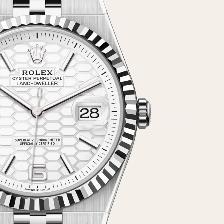 Rolex Land-Dweller 36 Oyster, 40 mm, Oystersteel in belo zlato, Nazobčano m127334-0001 pri Malalanu.webp