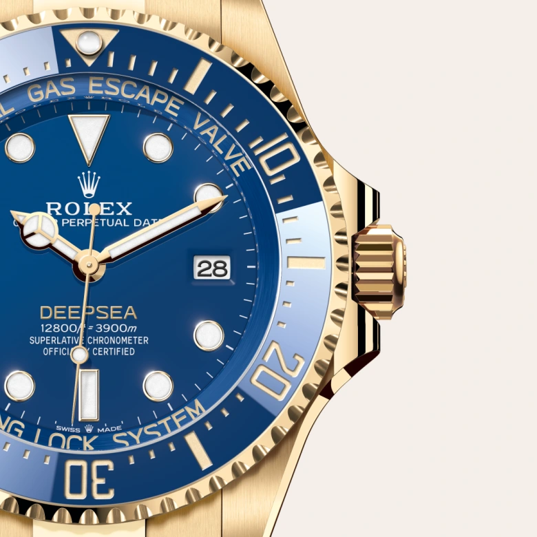 Rolex Rolex Deepsea Oyster, 44 mm, yellow gold, Unidirectional rotatable 60-minute graduated, scratch-resistant Cerachrom insert in blue ceramic, numerals and graduations coated in gold m136668lb-0001 at Malalan.webp