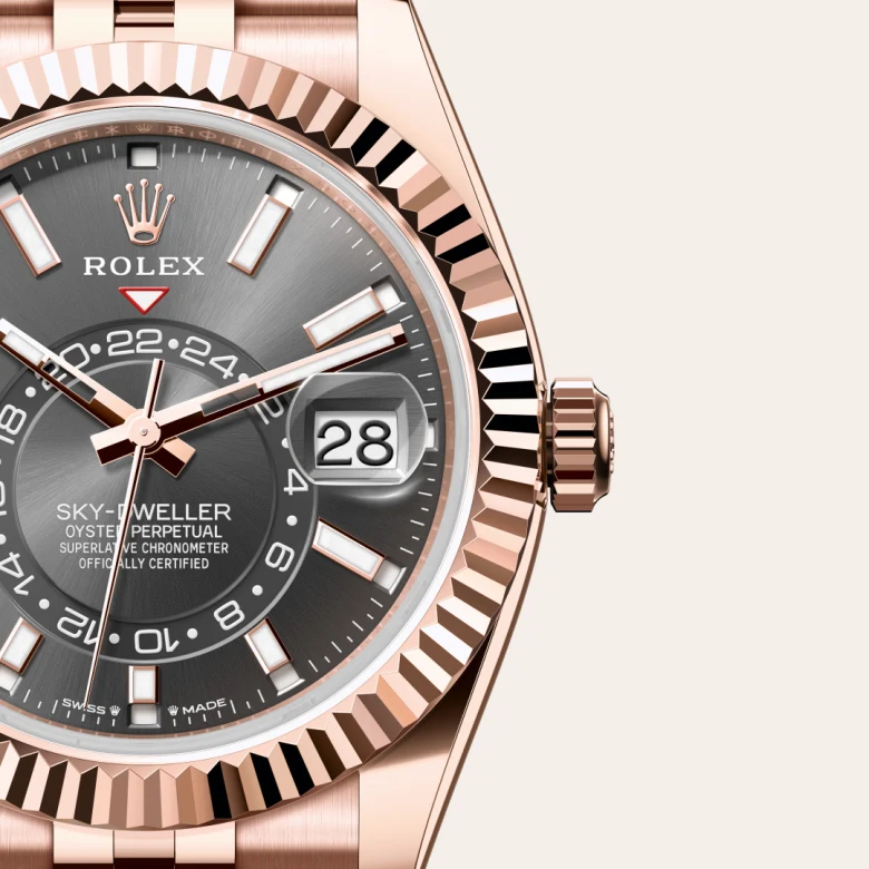 Rolex Sky-Dweller Oyster, 42 mm, Everose gold, Fluted, bidirectional rotatable Rolex Ring Command m336935-0008 at Malalan.webp