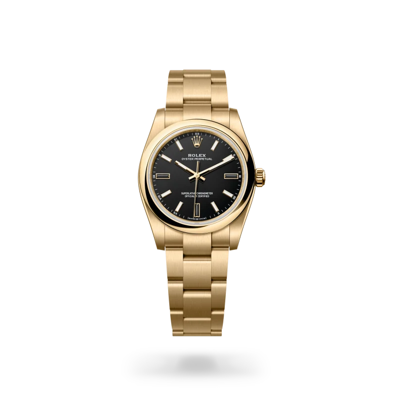 Rolex Oyster Perpetual 34 Oyster, 34 mm, yellow gold, Domed m124208-0001 at Malalan.webp