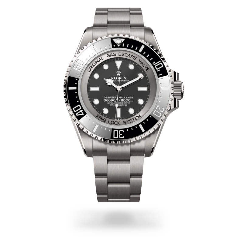 Rolex Deepsea Challenge Oyster, 50 mm, RLX titanium, Enosmerno vrtljiv in na praske odporen Cerachrom keramični vložek s 60-minutnim zapisom, številke in oznake prevlečene s platino m126067-0002 pri Malalanu.webp