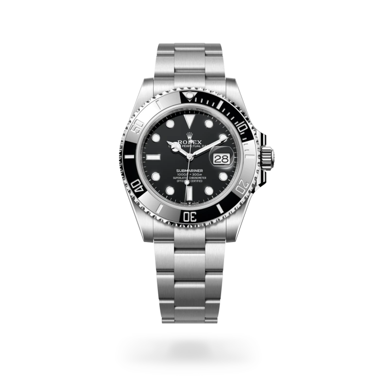 Rolex Submariner Date Oyster, 41 mm, Oystersteel jeklo, Enosmerno vrtljiv in na praske odporen Cerachrom črn keramični vložek s 60-minutnim zapisom, številke in oznake prevlečene s platino m126610ln-0001 pri Malalanu.webp