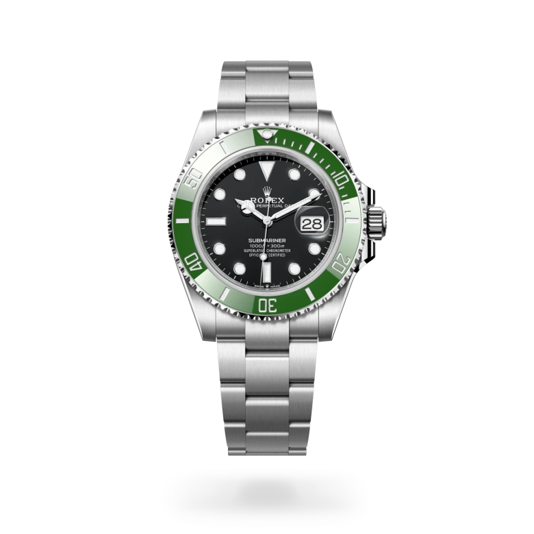 Rolex Submariner Date Oyster, 41 mm, Oystersteel jeklo, Enosmerno vrtljiv in na praske odporen Cerachrom zelen keramični vložek s 60-minutnim zapisom, številke in oznake prevlečene s platino m126610lv-0002 pri Malalanu.webp