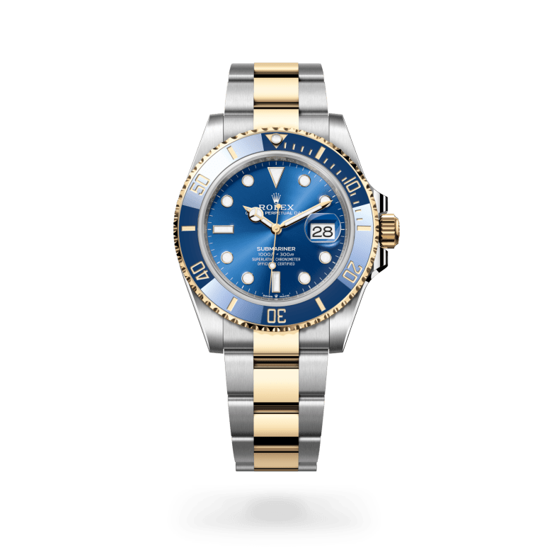 Rolex Submariner Date Oyster, 41 mm, Oystersteel jeklo in rumeno zlato, Enosmerno vrtljiv in na praske odporen Cerachrom moder keramični vložek s 60-minutnim zapisom, številke in oznake prevlečene z zlatom m126613lb-0002 pri Malalanu.webp