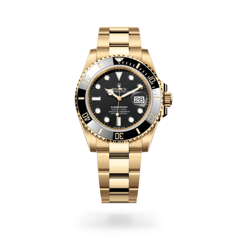 Rolex Submariner Date Oyster, 41 mm, yellow gold, Unidirectional rotatable 60-minute graduated, scratch-resistant Cerachrom insert in black ceramic, numerals and graduations coated in gold m126618ln-0002 at Malalan.webp