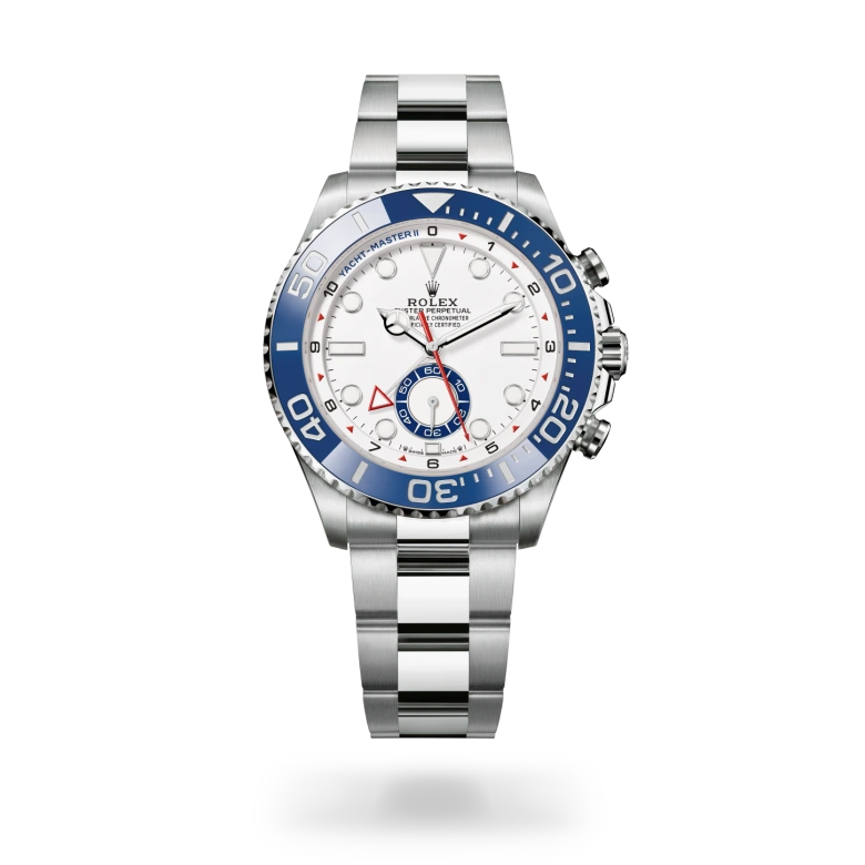 Rolex Yacht-Master II Oyster, 44 mm, Oystersteel, Bidirectional rotatable 60-minute graduated bezel with blue Cerachrom insert in ceramic. Moulded, recessed graduations and numerals coated with platinum m126680-0001 at Malalan.webp