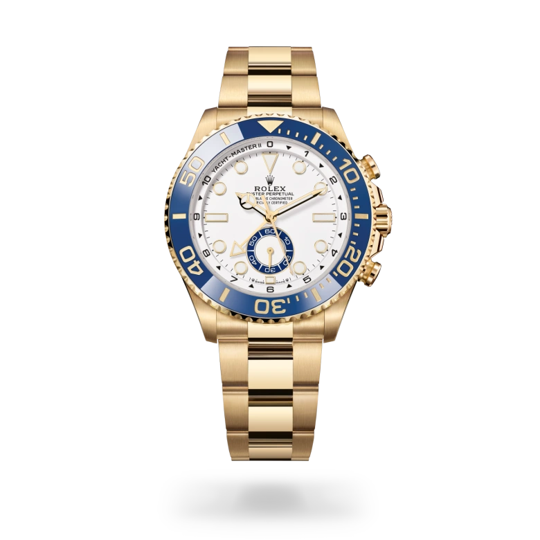 Rolex Yacht-Master II Oyster, 44 mm, yellow gold, Bidirectional rotatable 60-minute graduated bezel with blue Cerachrom insert in ceramic. Moulded, recessed graduations and numerals coated with gold m126688-0001 at Malalan.webp