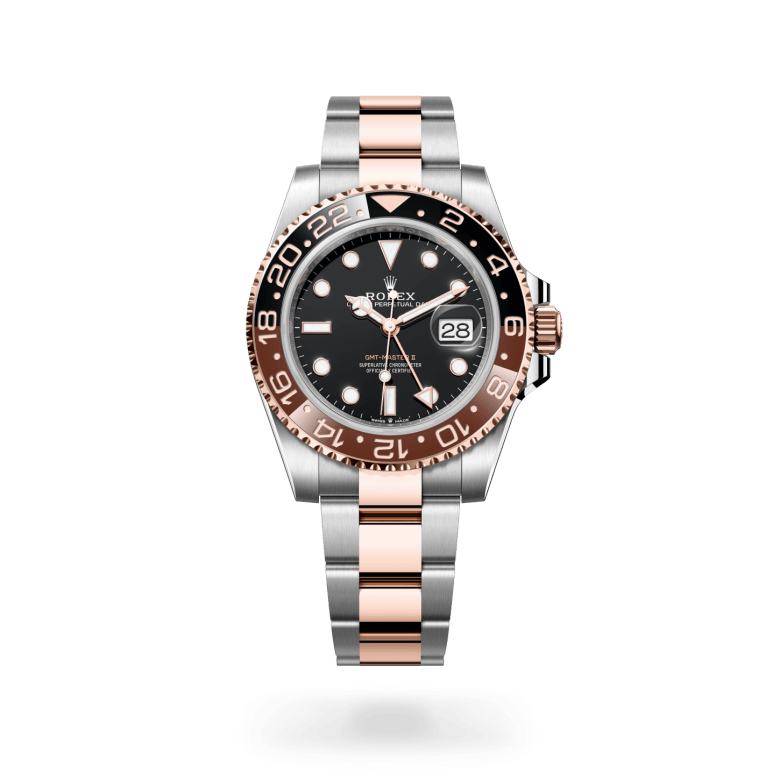 Rolex GMT-Master II Oyster, 40 mm, Oystersteel jeklo in Everose zlato, Dvosmerno vrtljiva luneta s 24-urnim zapisom. Dvobarvni rjav in črn vložek Cerachrom iz keramike, oblikovane številke in gradacije m126711chnr-0002 pri Malalanu.webp
