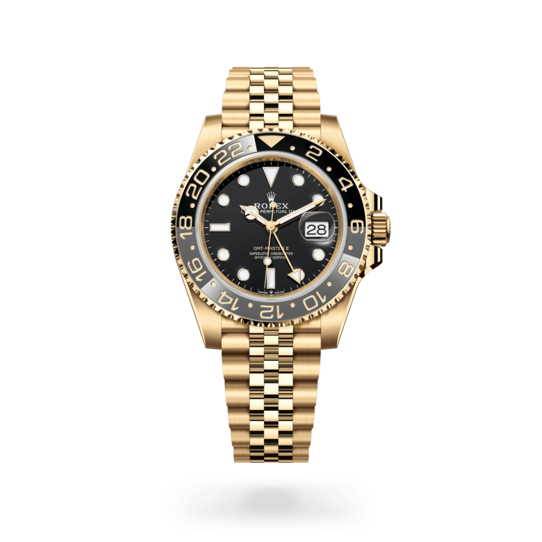 Rolex GMT-Master II Oyster, 40 mm, yellow gold, Bidirectional rotatable 24-hour graduated bezel. Two-colour grey and black Cerachrom insert in ceramic, moulded numerals and graduations m126718grnr-0001 at Malalan.webp