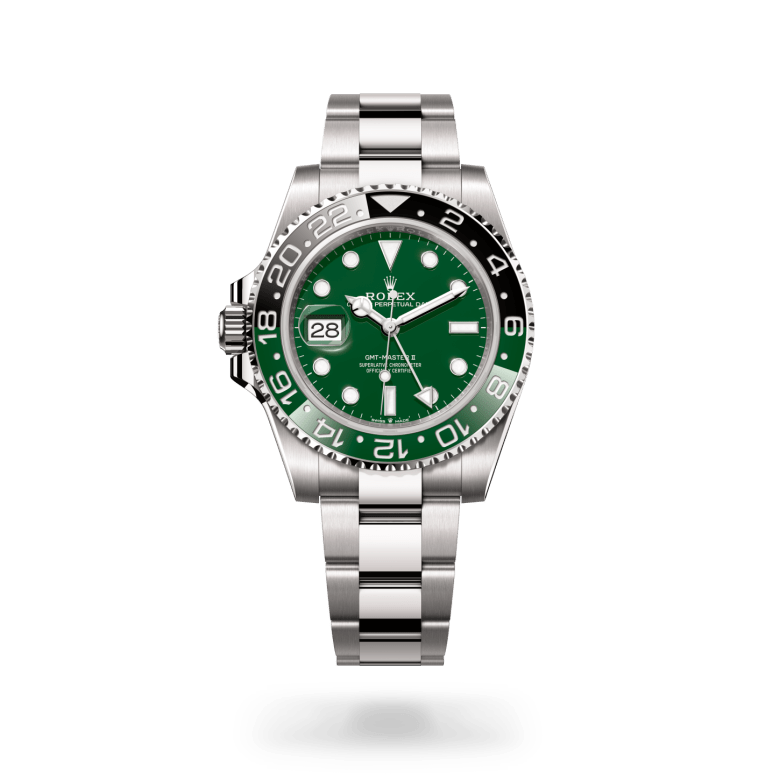 Rolex GMT-Master II Oyster, 40 mm, white gold, Bidirectional rotatable 24-hour graduated bezel. Two-colour green and black Cerachrom insert in ceramic, moulded numerals and graduations m126729vtnr-0001 at Malalan.webp